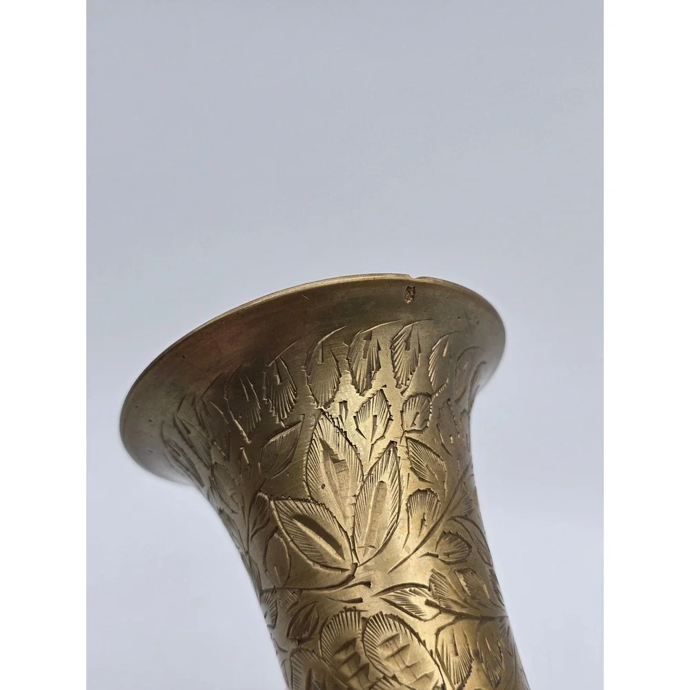 Vintage Etched Brass Vase Floral Hand Engraved Made in India 8.5 Inch Boho Decor
